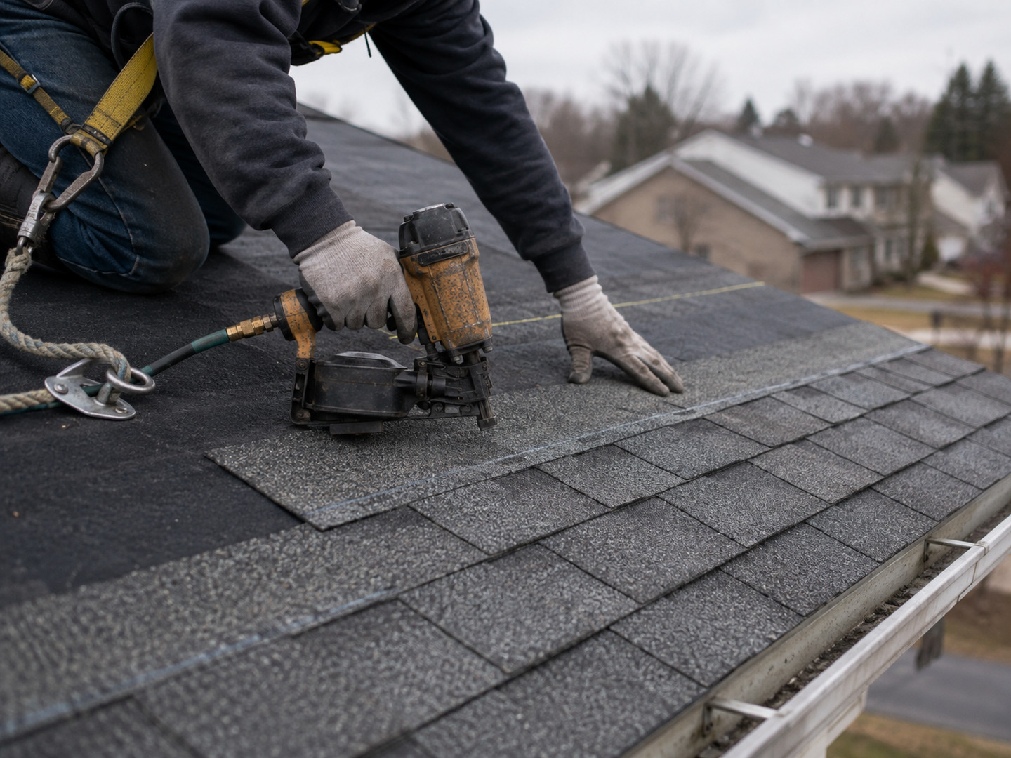 Finished dark shingle roof on a house