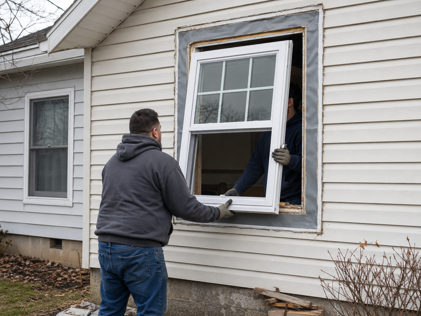 Contractor installing a new window in a wall opening