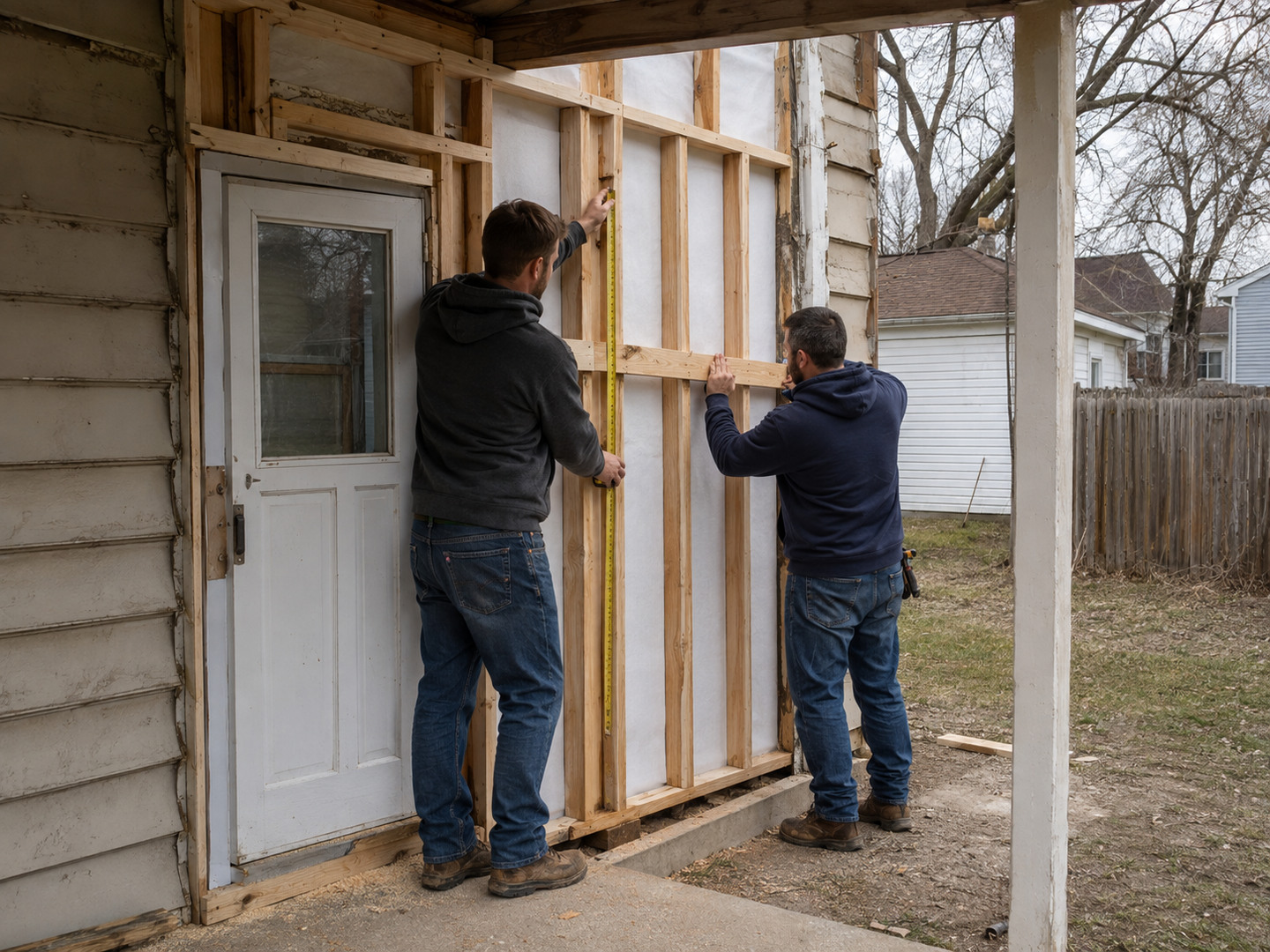 House under construction with framing and exterior work