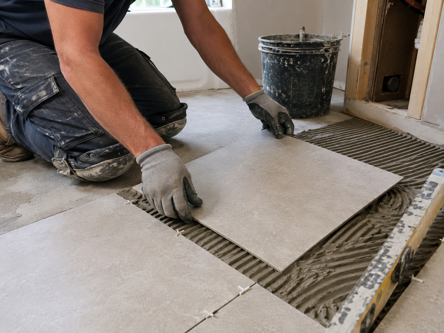 Ceramic floor tile being installed in a bathroom